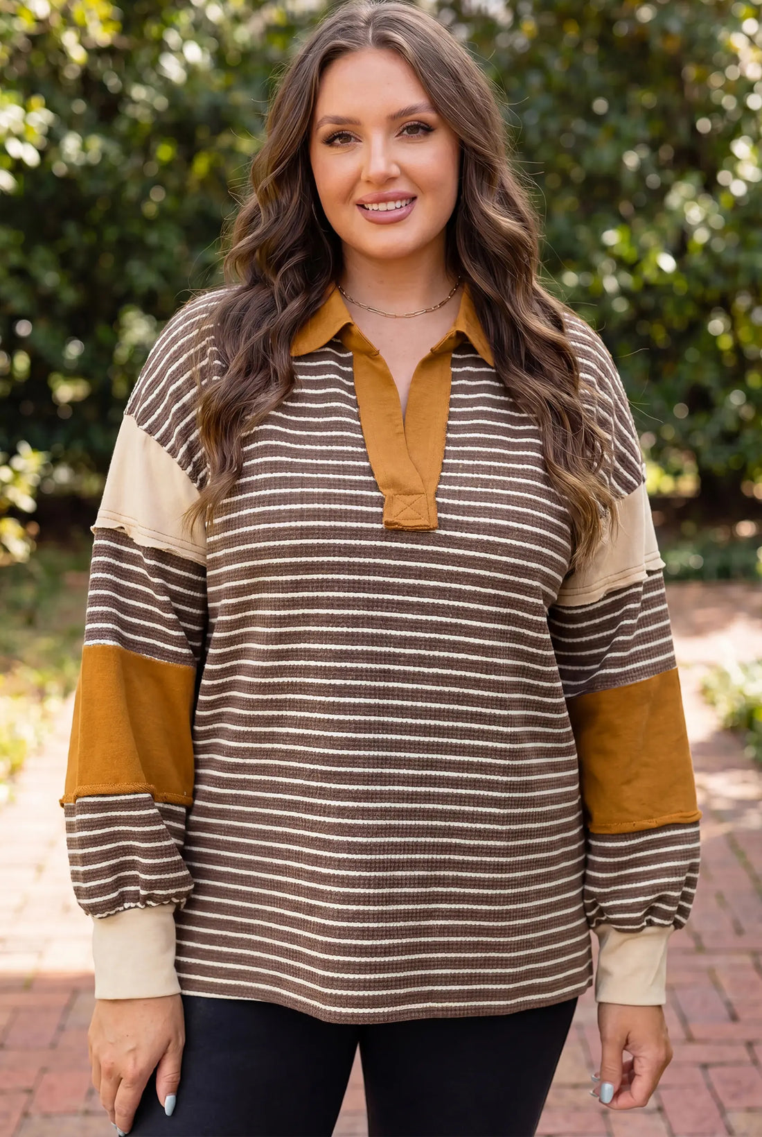 Colourblock Detail Collar V Neck Plus Size Long Sleeve Top – Brown Stripe