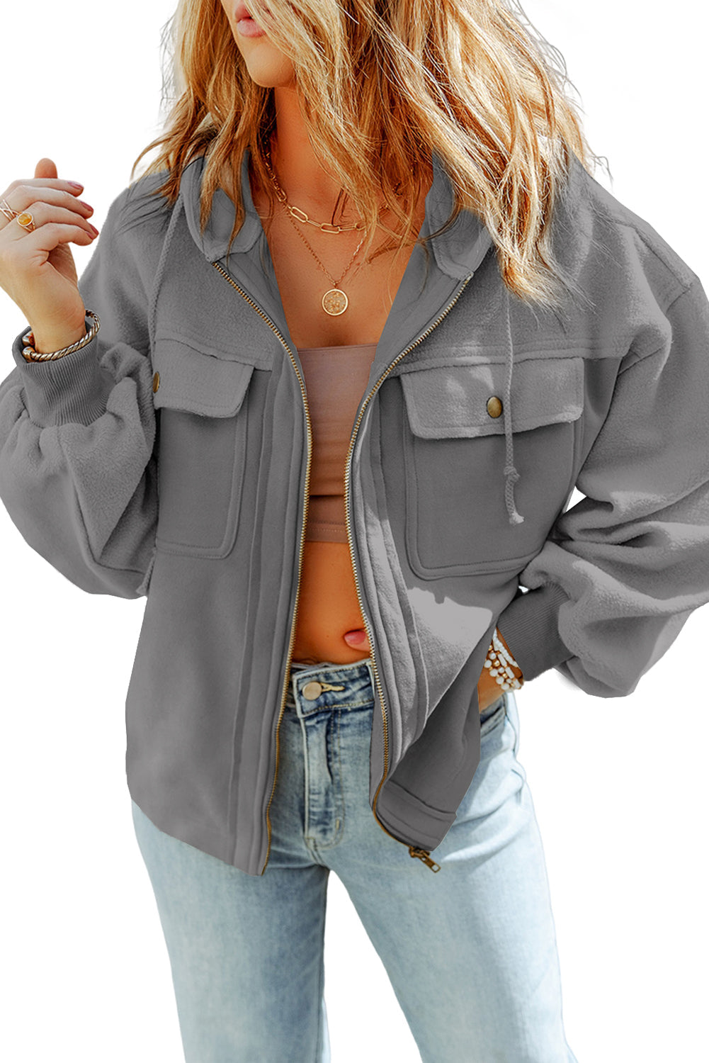 Flap Pocket Drawstring Hood Zip Up Jacket Beagle Boutique Fashion Outlet