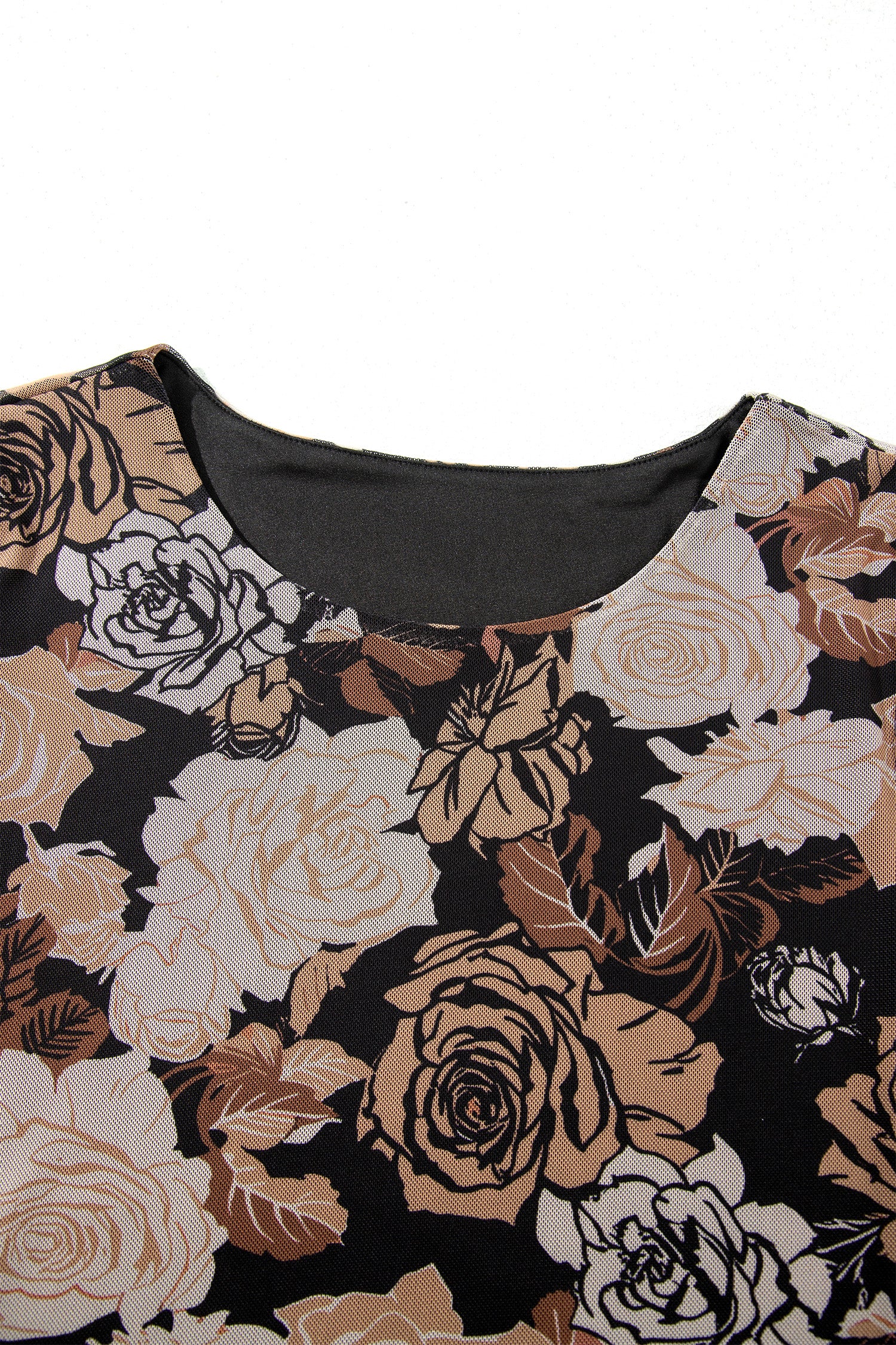 Floral Long Sleeve Asymmetric Ruffle Split Hem Mesh Dress – Black