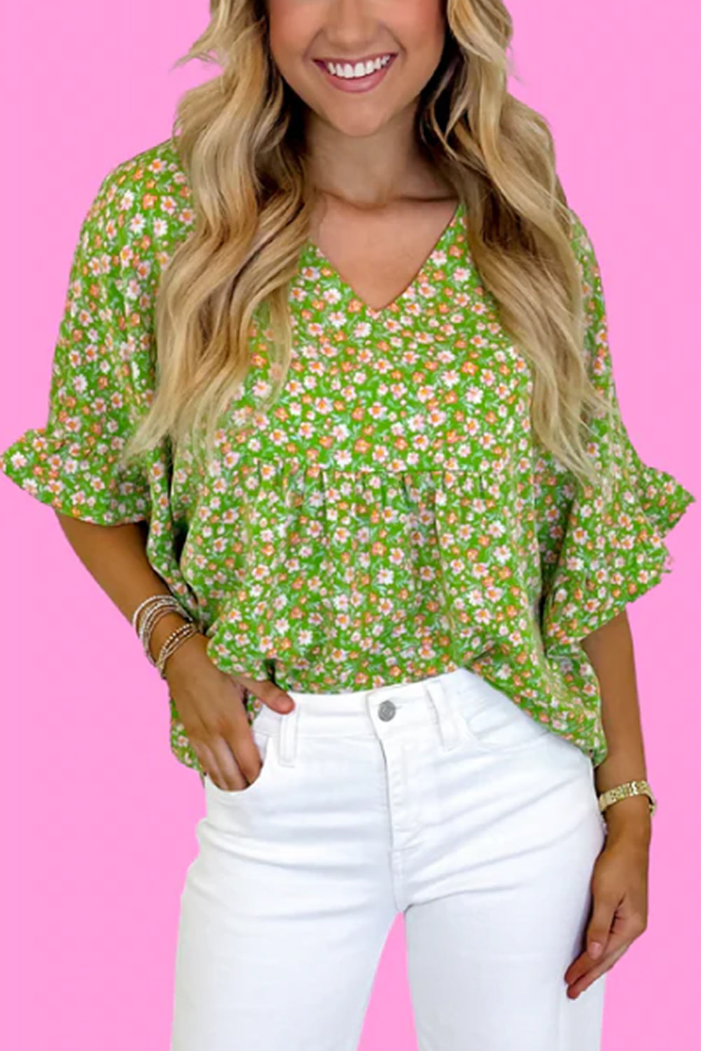 Green Floral Print Ruffle Sleeve V Neck Blouse Top eAura