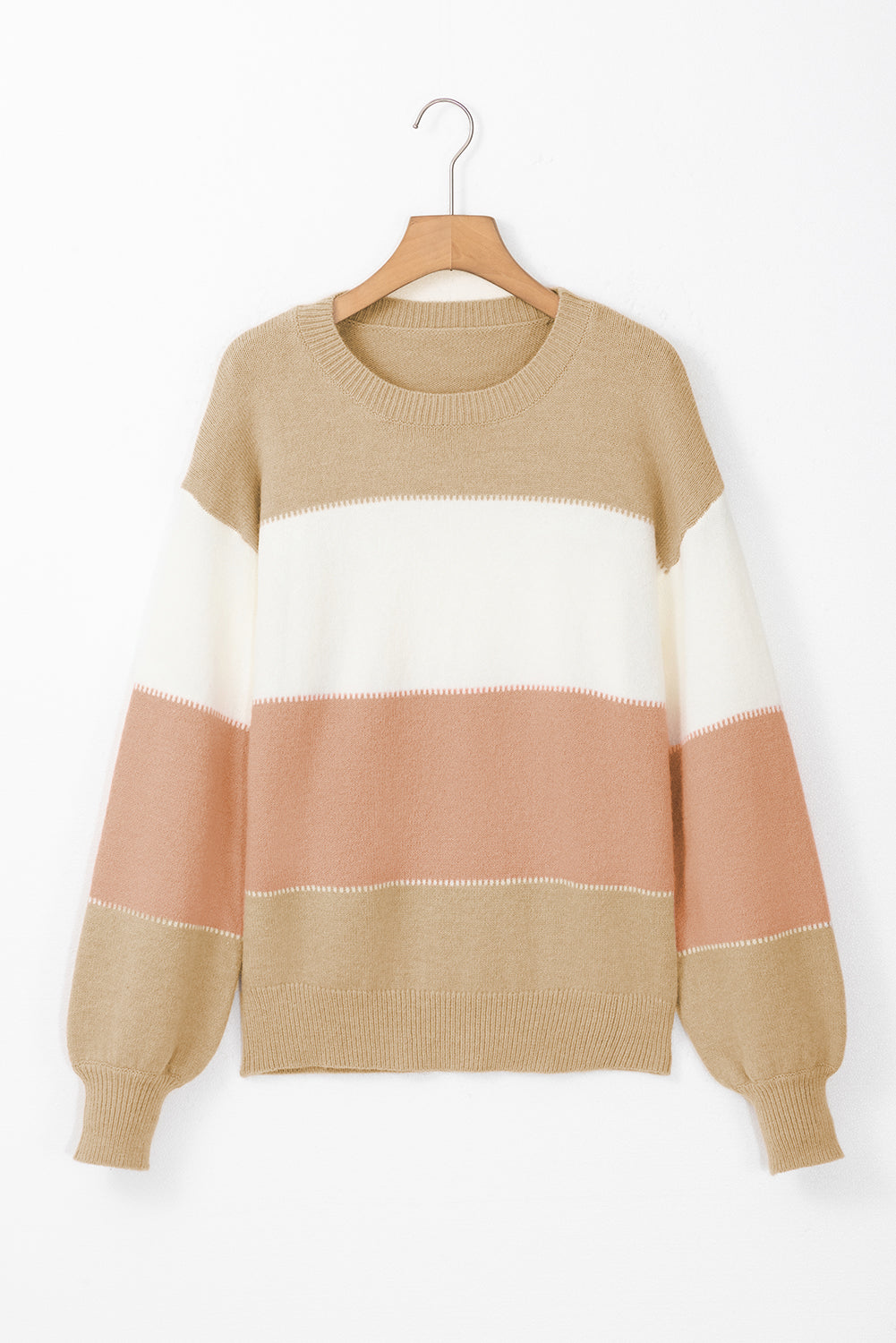 Dusty Pink Colour Block Lantern Sleeve Drop Shoulder Sweater eAura