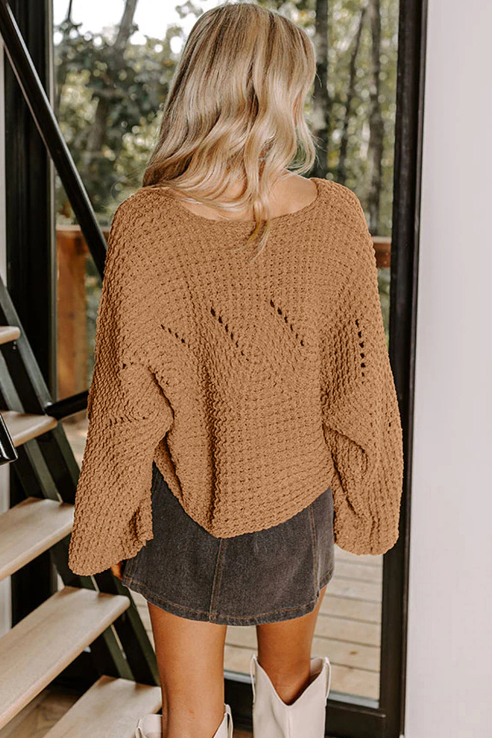 Hollowed Detail Wide Sleeve Baggy Sweater - eAura