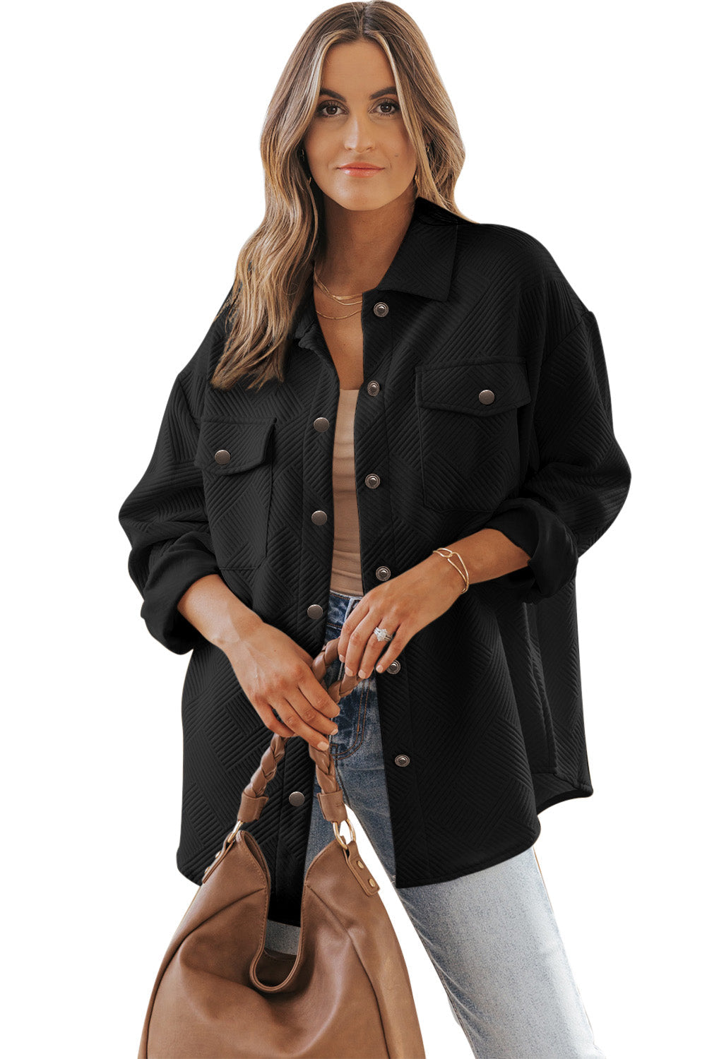 Black Solid Textured Flap Pocket Buttoned Shacket eAura