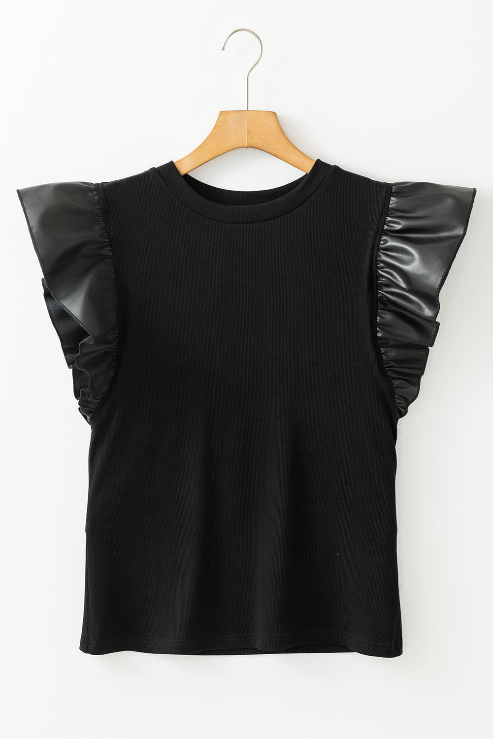 Black Leather Ruffle Sleeve Patchwork Round Neck Blouse eAura