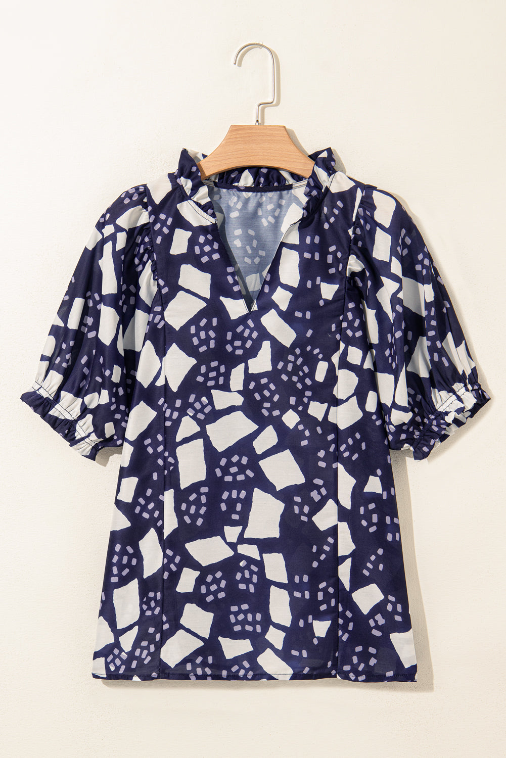 Blue Abstract Print Frilled Puff Sleeve V-Neck Blouse eAura