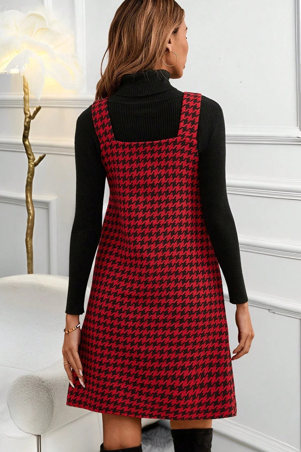 Houndstooth Print V-Neck Sleeveless Mini Dress - eAura