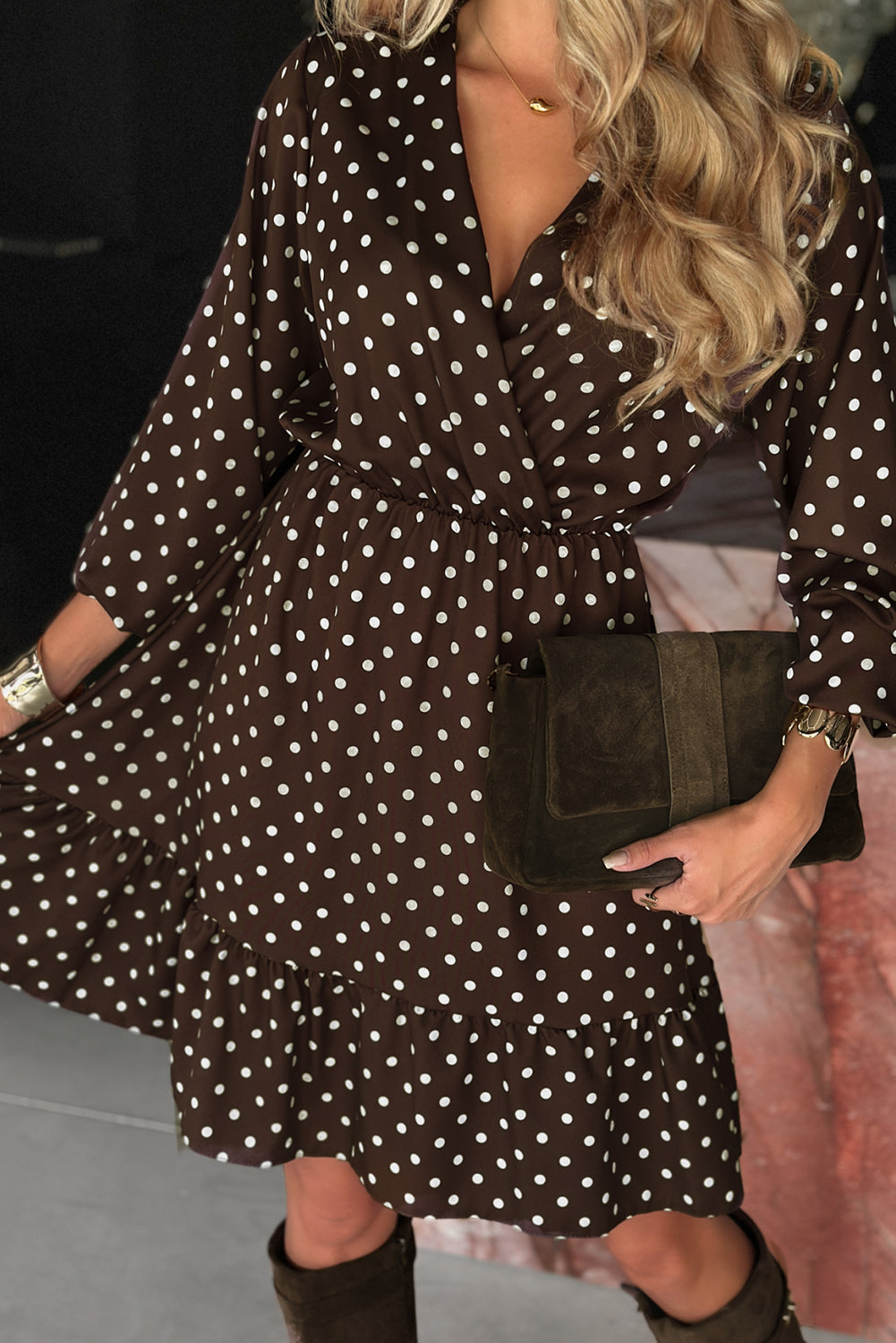 Brown Polka Dot Long Sleeve Wrap V-Neck Ruffle Hem Mini Dress