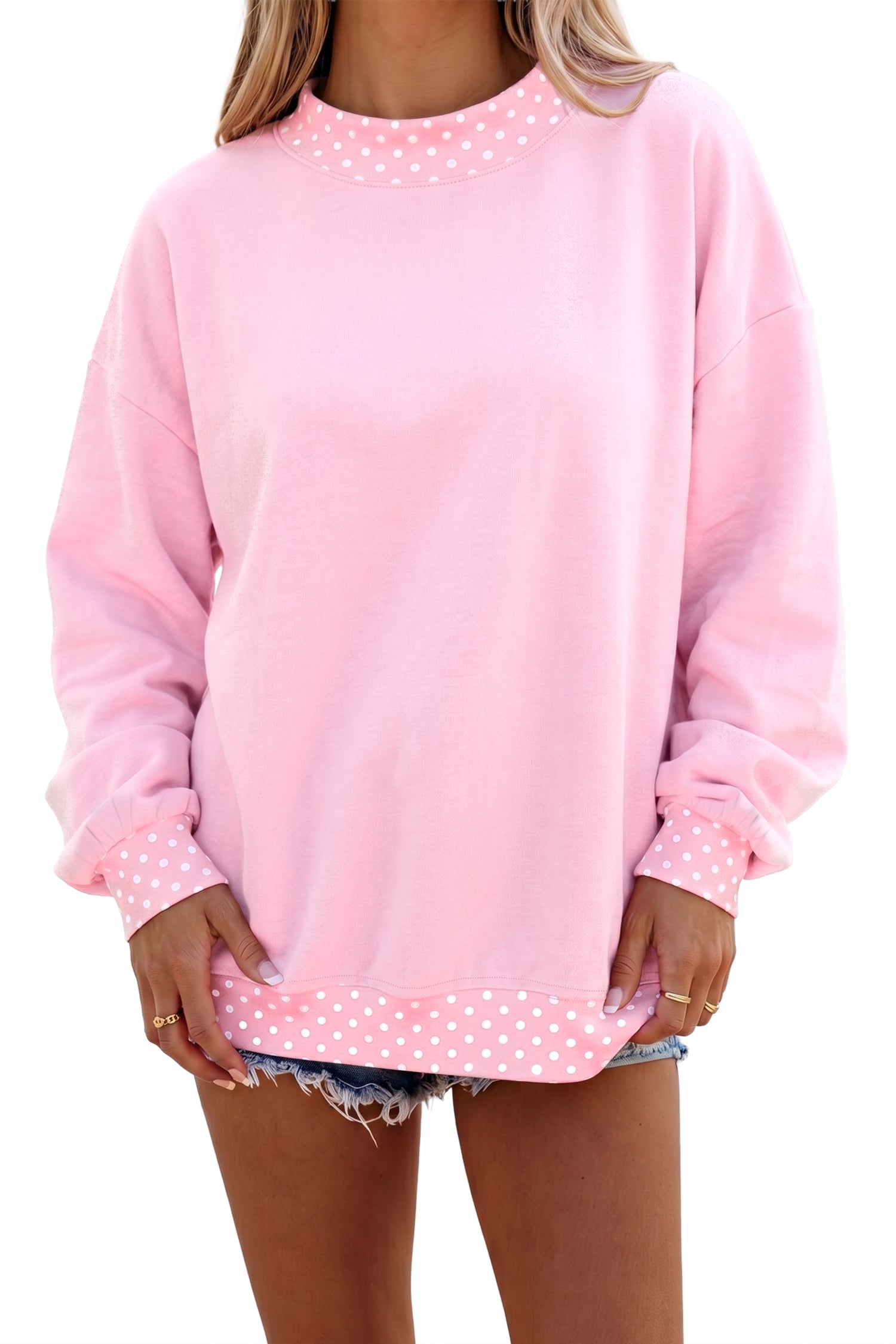 Colorblock Polka Dot Contrast Trim Oversized Sweatshirt – Red