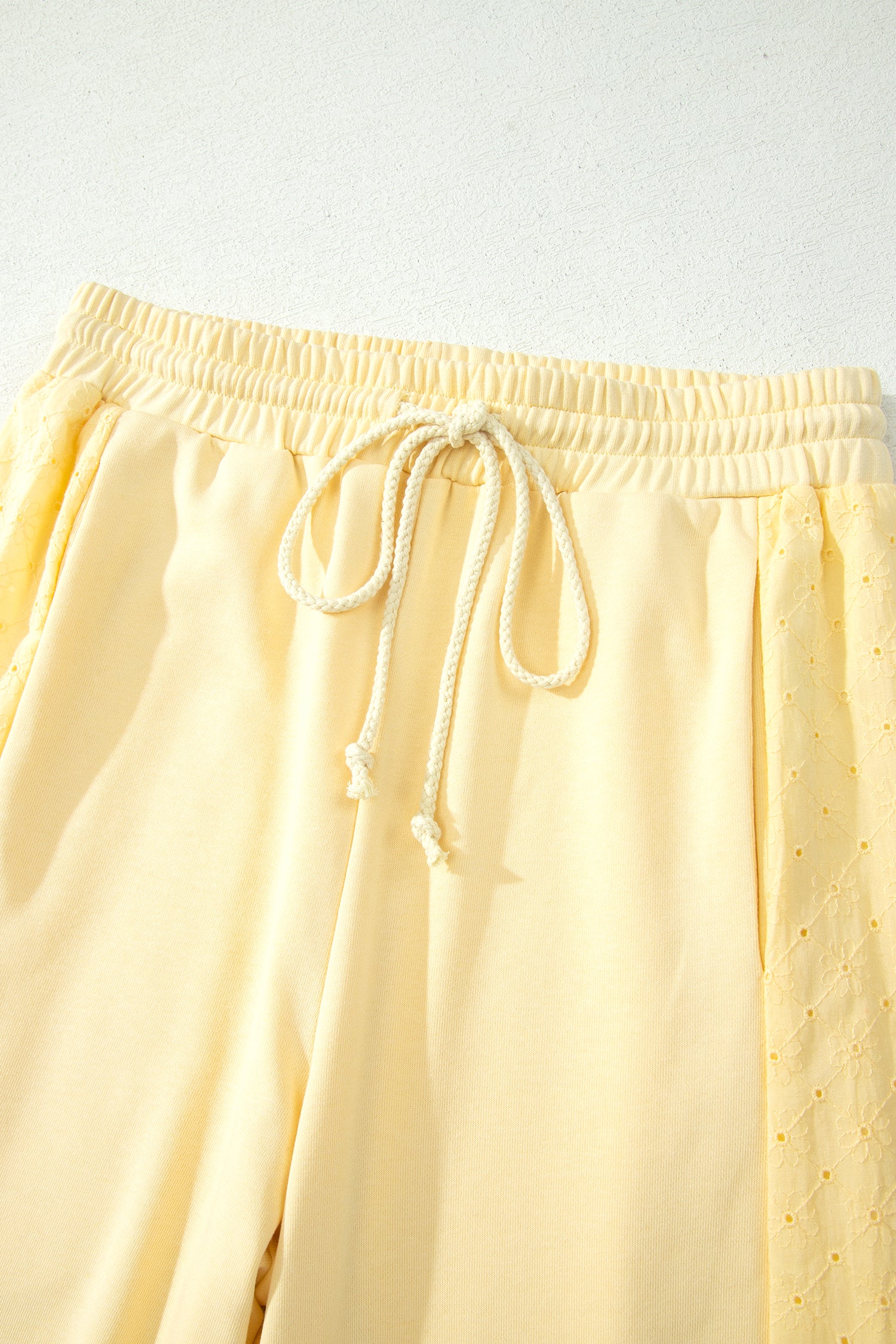 Eyelet Embroidered Lace Patchwork Cropped Pullover Drawstring Pants Set – Yellow Cream