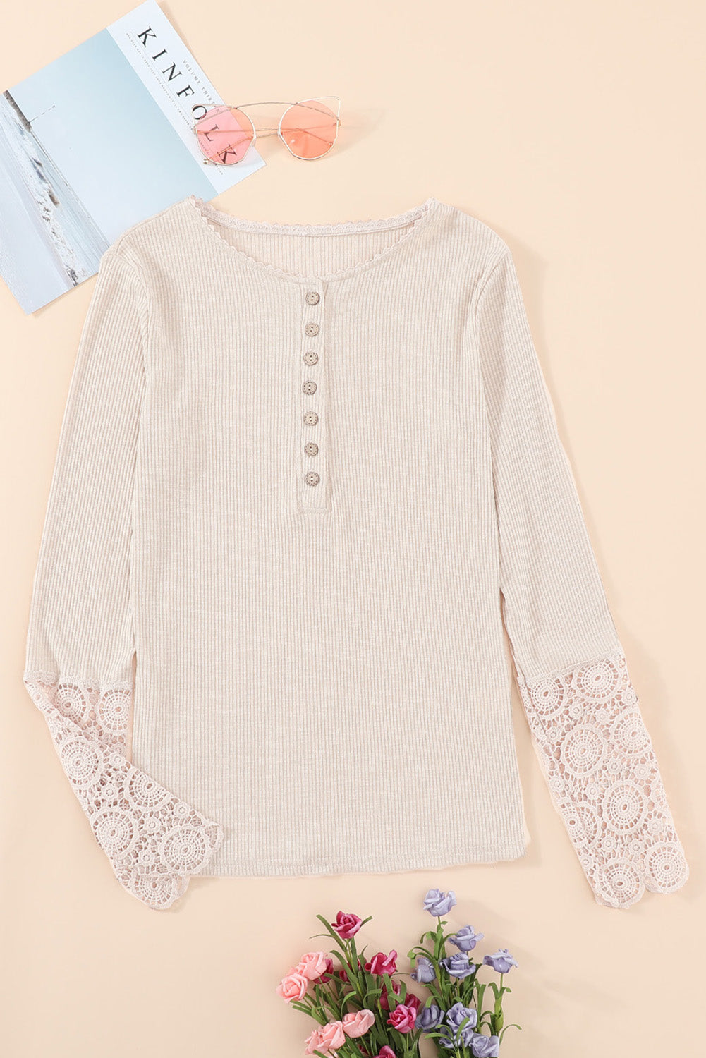 Beige Crochet Lace Hem Sleeve Button Top - eAura