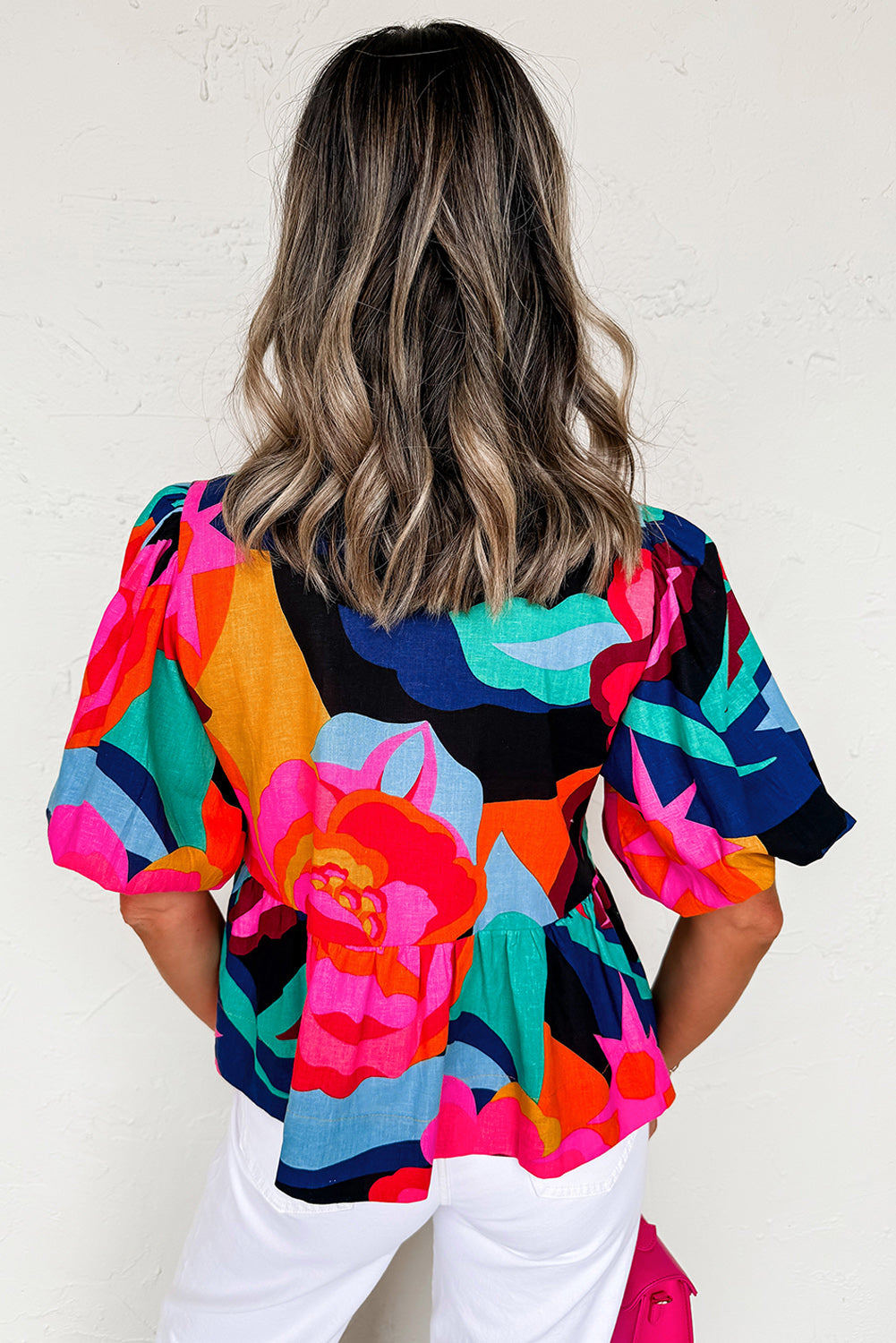Abstract Floral Print Front Tied Puff Sleeve Babydoll Blouse - eAura