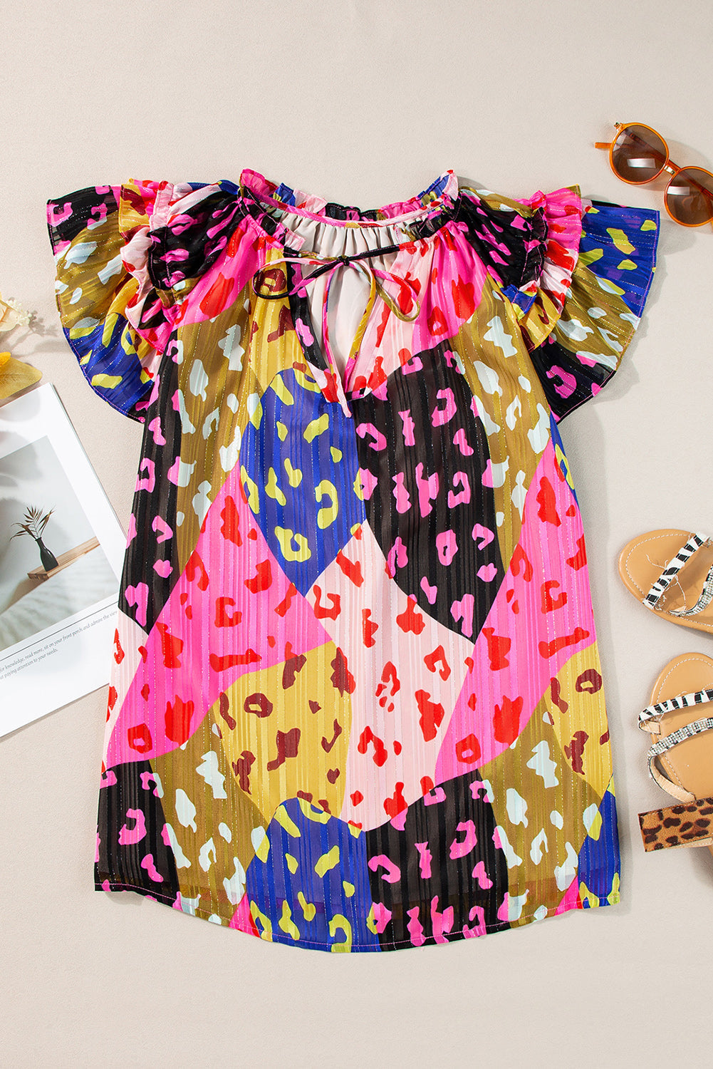Rose Leopard Flutter Sleeve V Neck Crinkled Blouse eAura