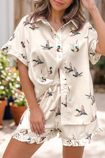 Beige Mallard Print Shirt & Shorts Two Piece Set