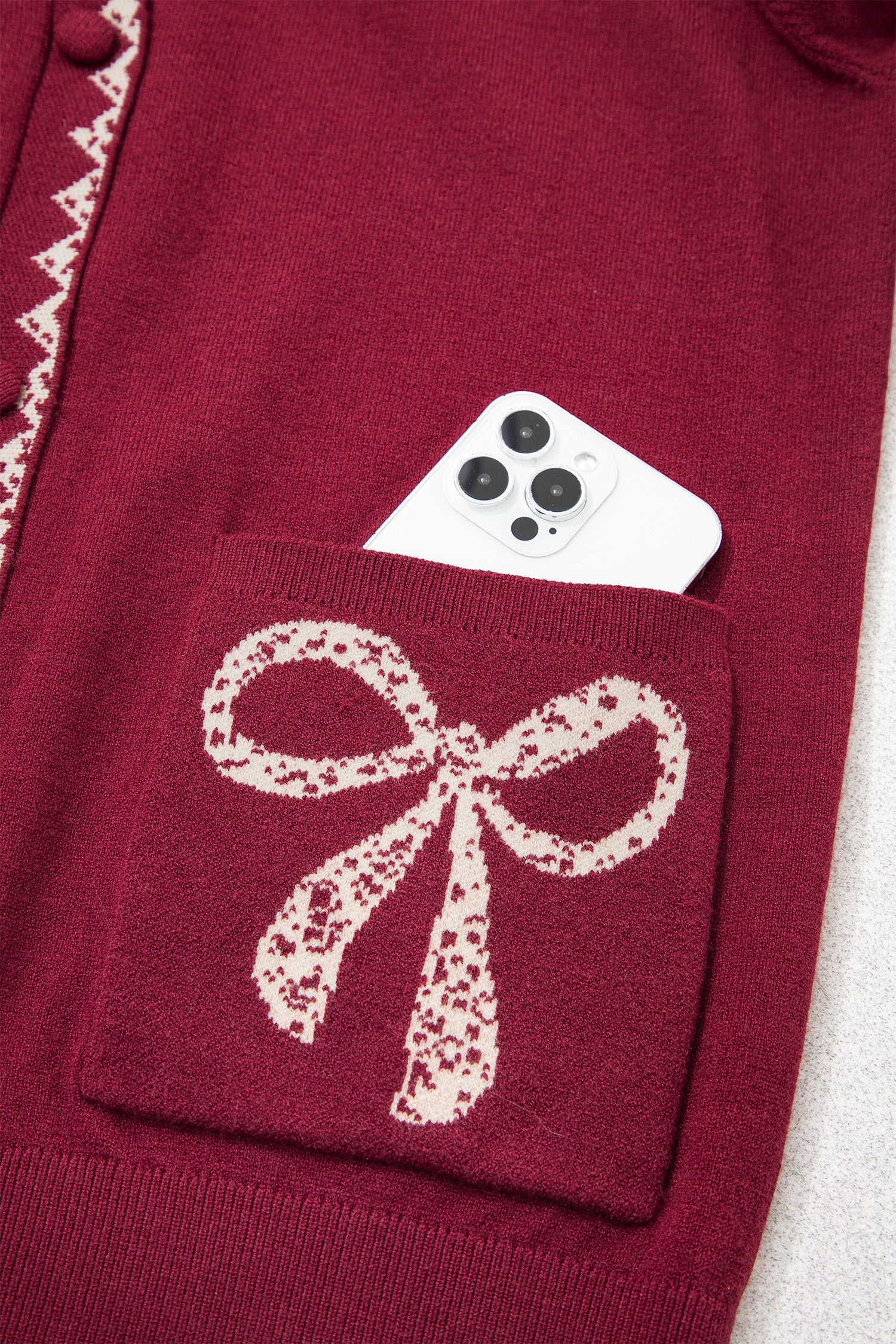 Bow Pocket Collar Long Sleeve Knit Cardigan – Burgundy