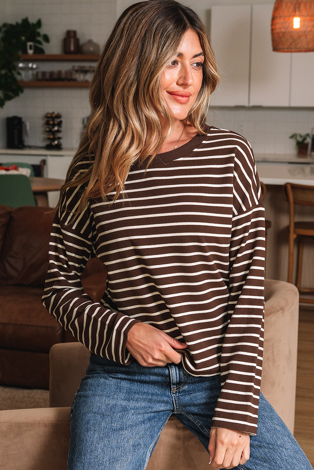 Striped Ribbed Cropped Long Sleeve T-Shirt - eAura