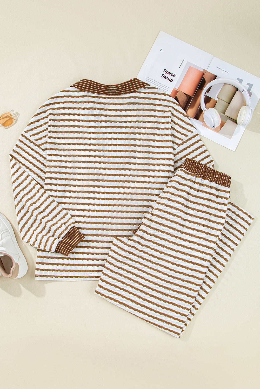 Striped Collared Pullover Top and Drawstring Trousers Co-ord Set eAura