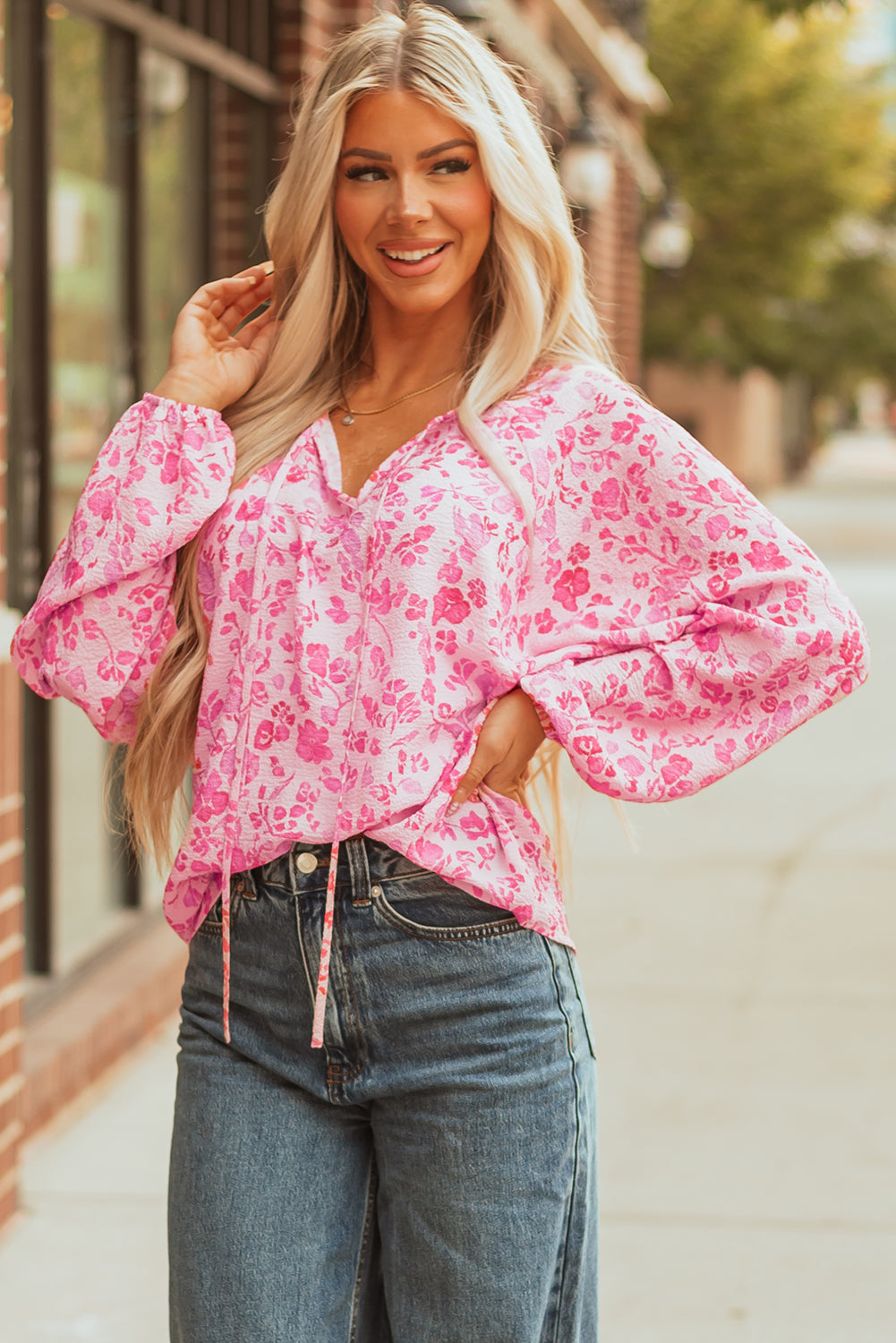 Pink Floral Puff Sleeve Split Neck Lightweight Blouse - eAura