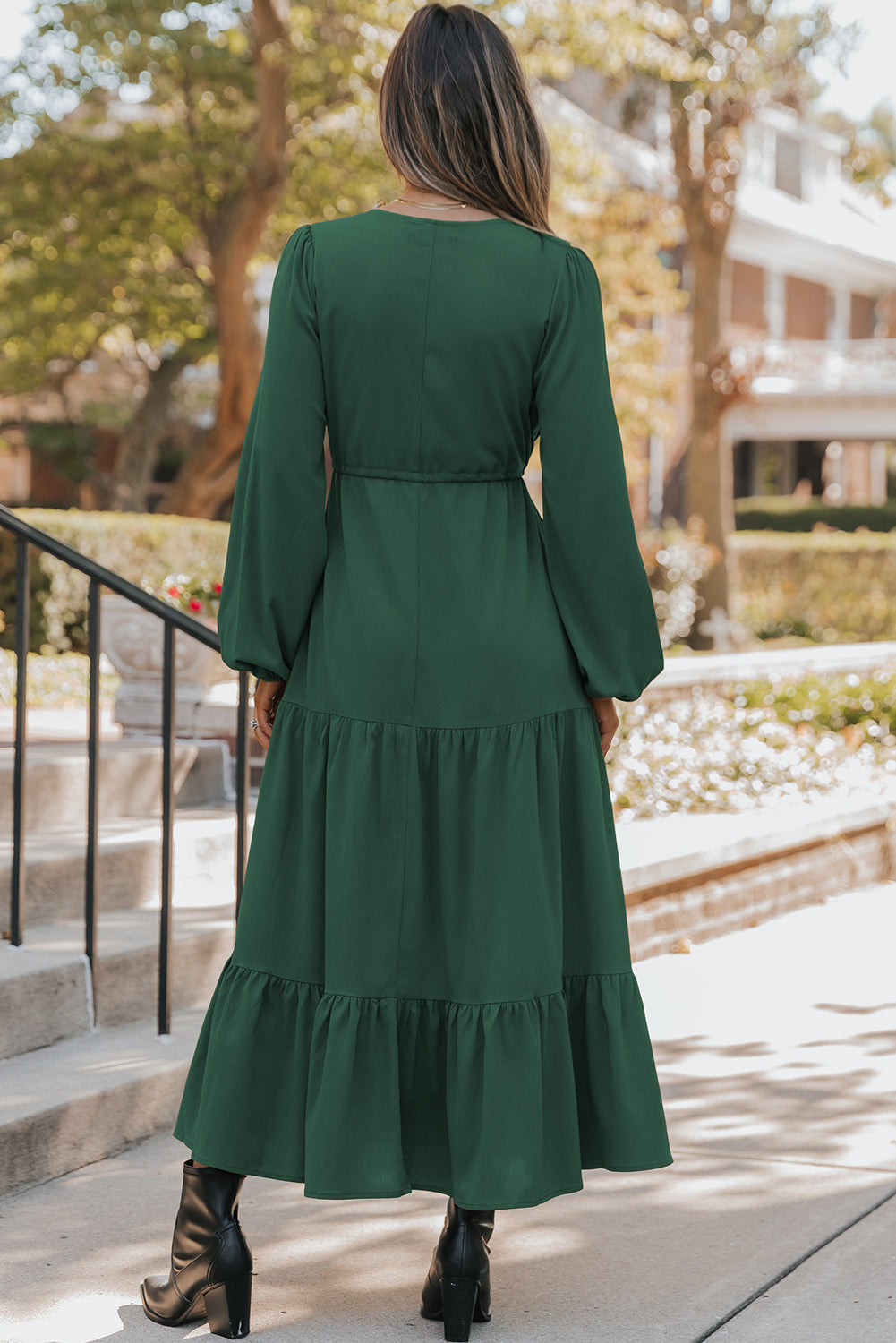 Long Sleeve Button V-Neck Tiered Maxi Dress - eAura