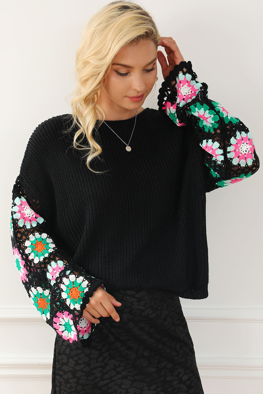 Black Floral Crochet Bell Sleeve Loose Sweater eAura