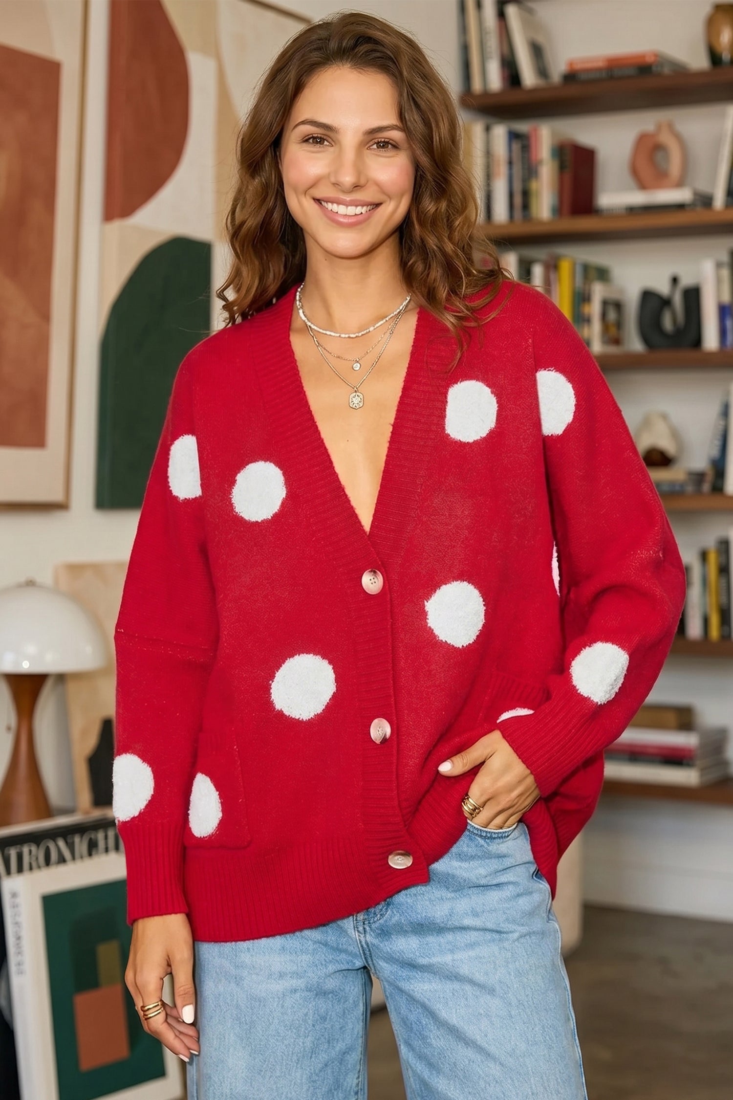 Polka Dot Button Front Oversized V Neck Cardigan – Beige