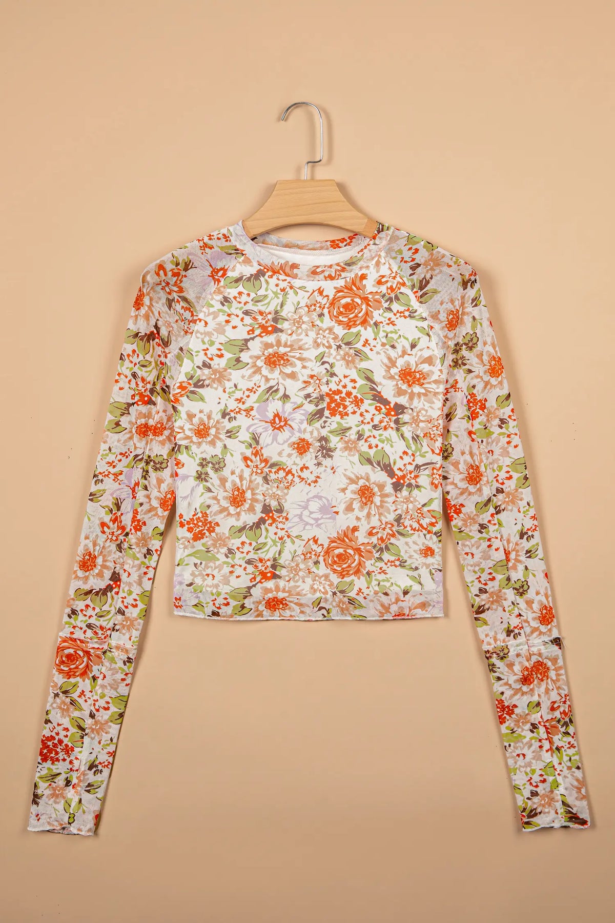 Floral Print Mesh Thumbhole Long Sleeve Slim Top – Multicolour