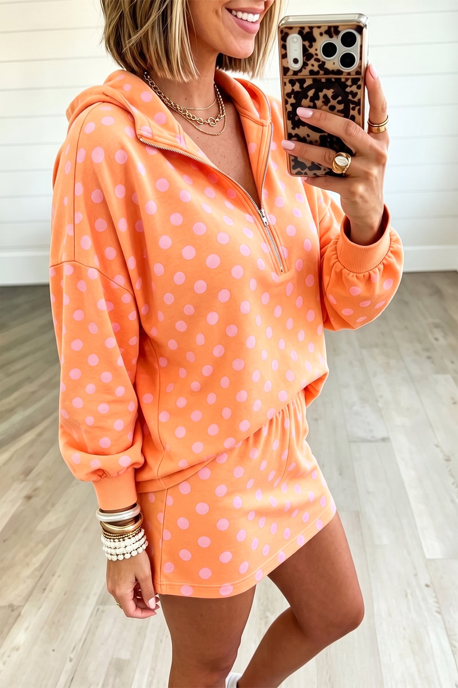 Polka Dot Hooded Long Sleeve Top Casual Mini Skort Set – Khaki