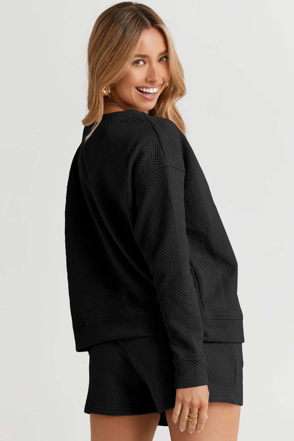 Navy Blue Textured Long Sleeve Top and Drawstring Shorts Set eAura