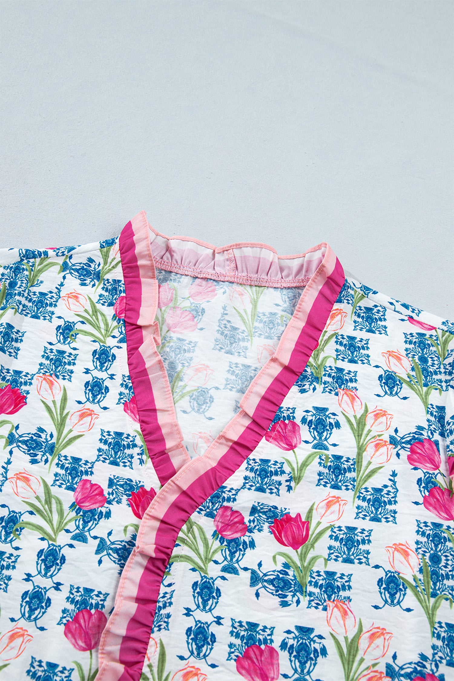 Floral Print Ruffle V-Neck Short Sleeve Loose Tunic Shirt – Rose