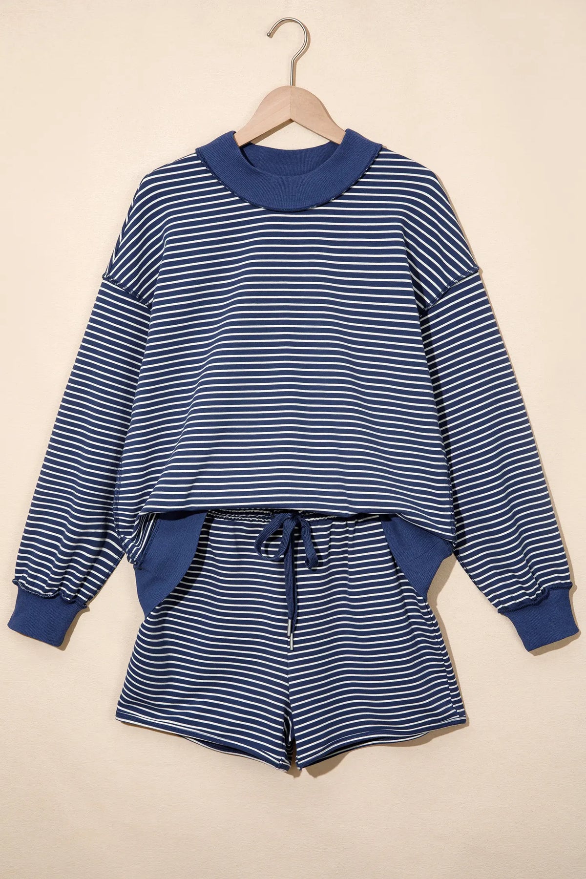 Ribbed Patchwork Mock Neck Baggy Pullover Matching Shorts Set – Blue Stripe