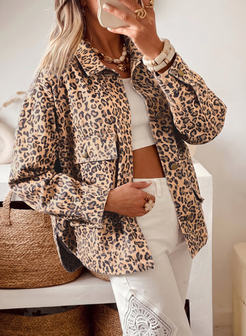 Leopard Print Collar Long Sleeve Patch Pocket Shift Denim Jacket – Khaki