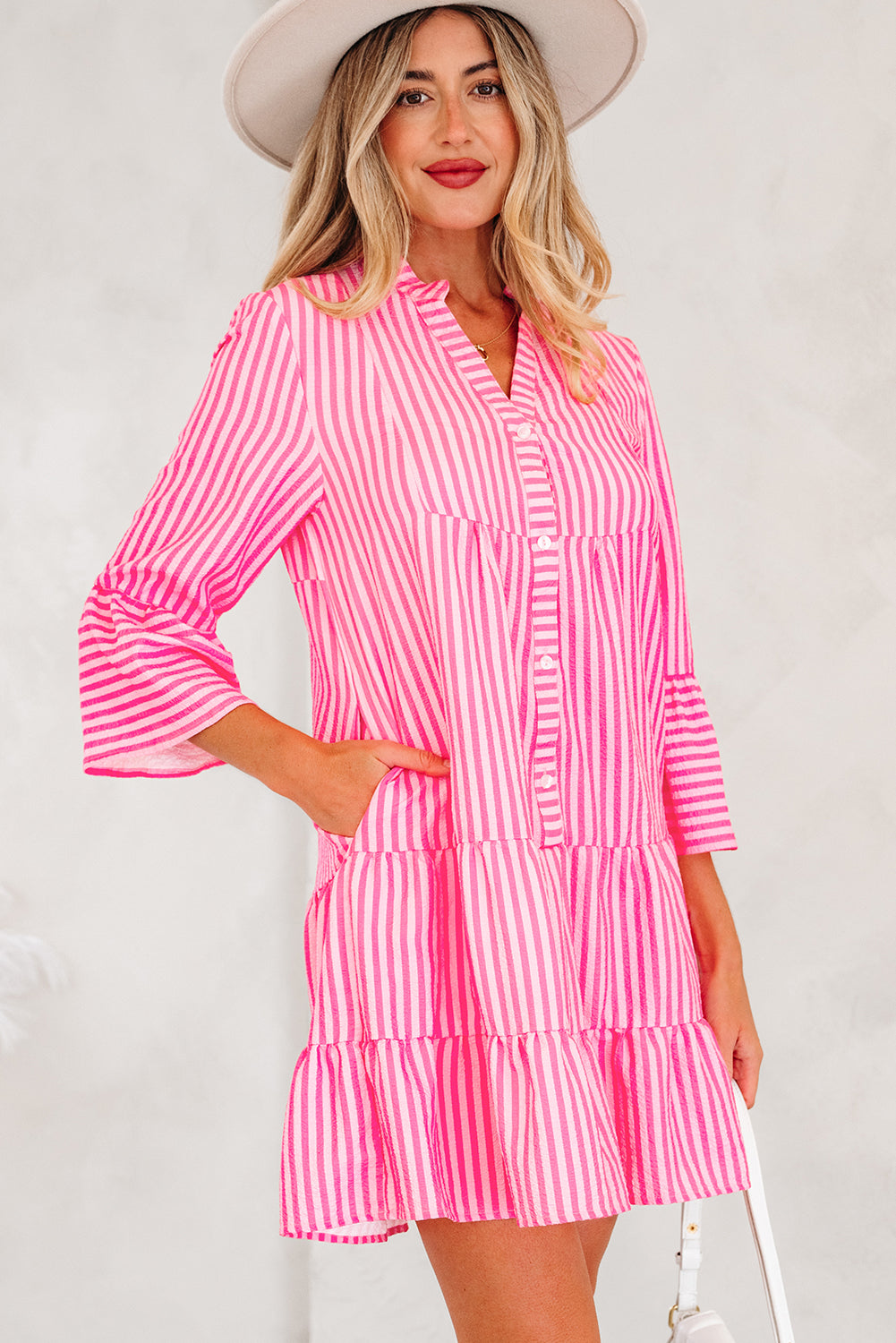 Stripe dFlare Sleeve Half Placket Tiered Flowy Mini Dress - eAura