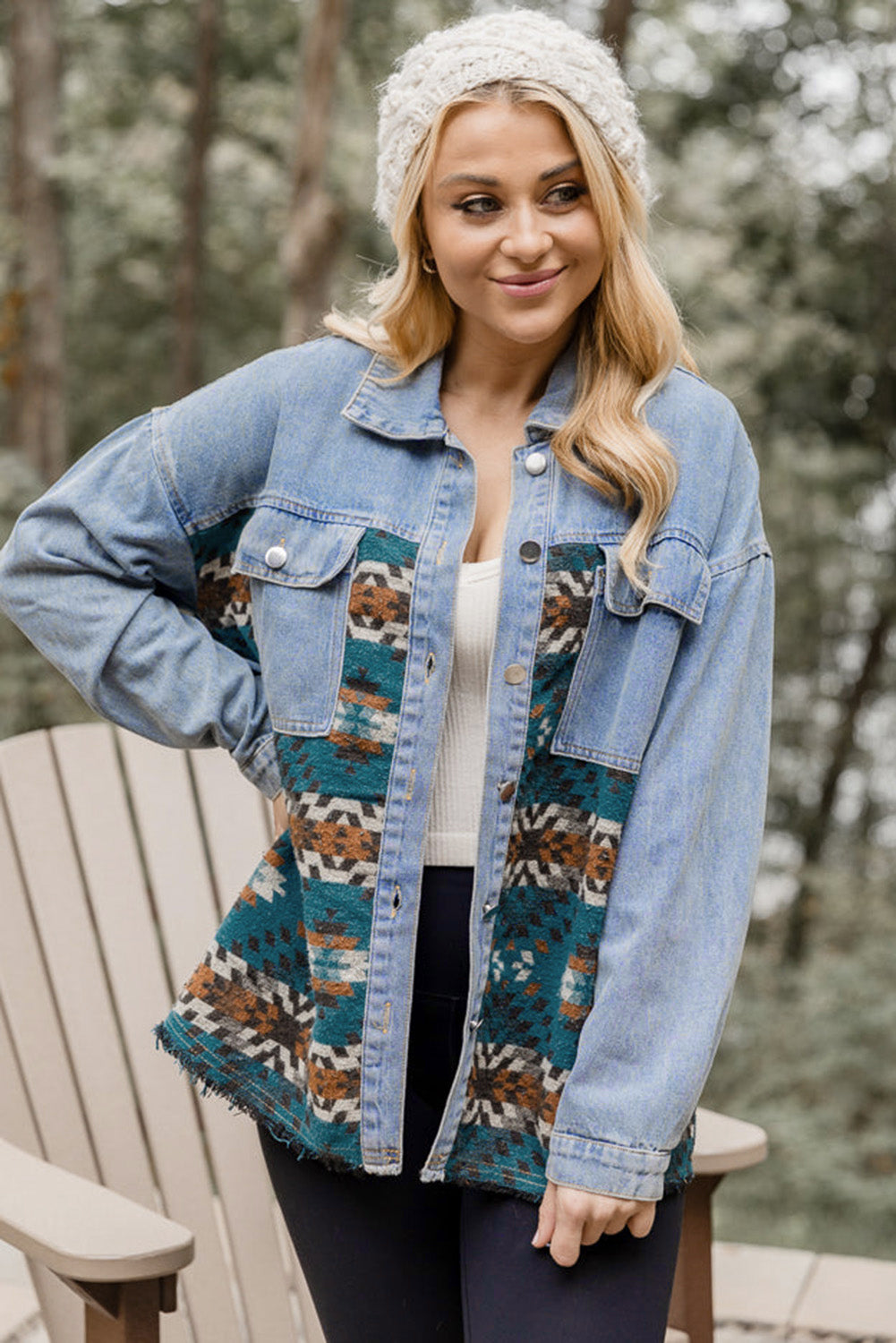 Blue Aztec Printed Denim Jacket Beagle Boutique Fashion Outlet