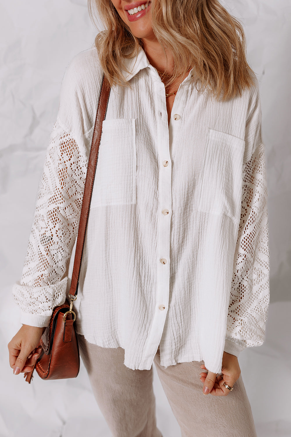 White Cotton Gauze Lace Patchwork Long Sleeve Shirt - eAura