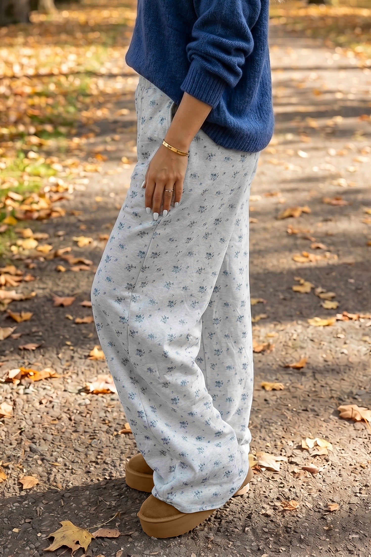 Floral Print Elastic Waist Full Length Regular Pants – Gray