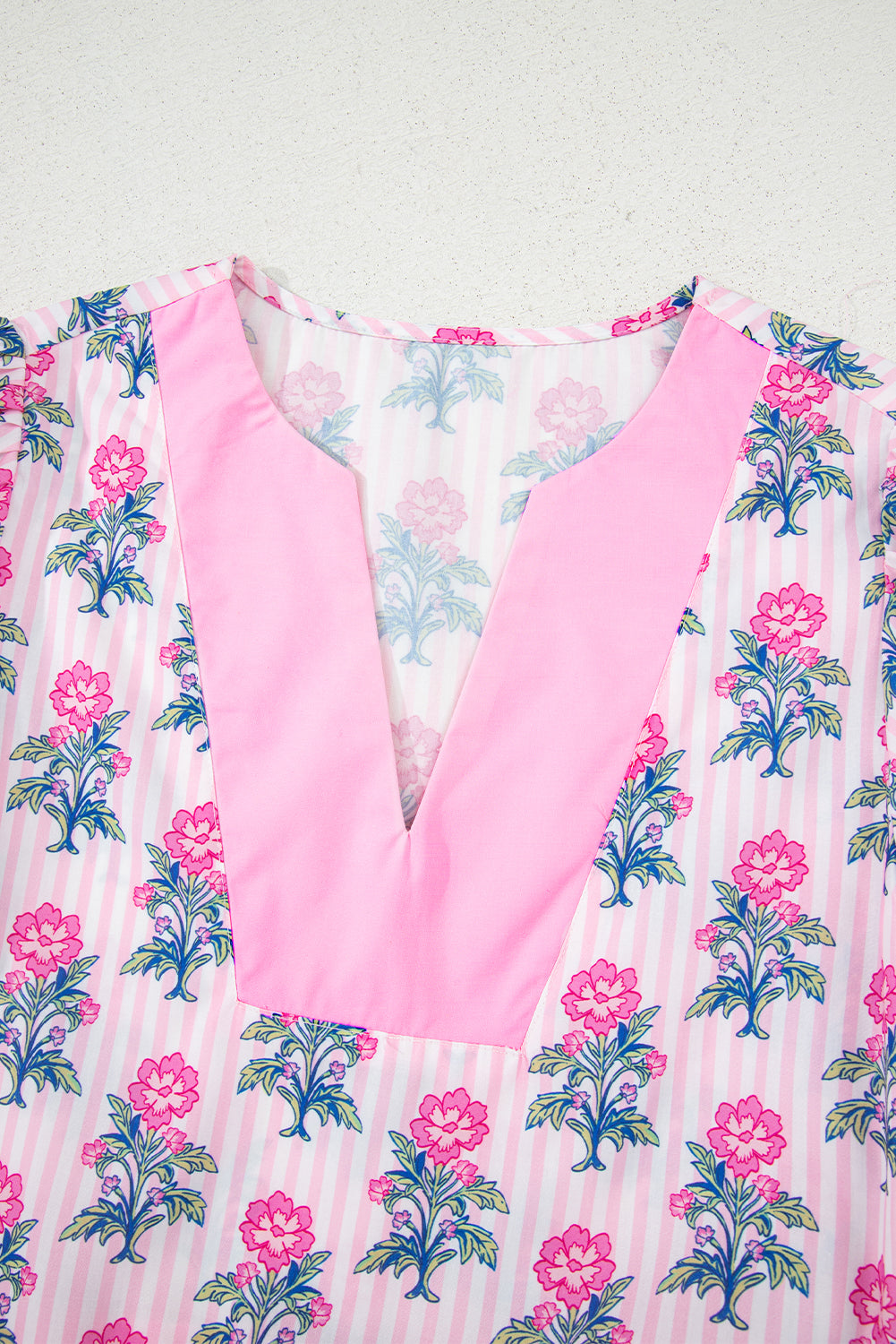 Rose Floral Striped Print Contrast Patchwork Ruffle Hem Blouse eAura