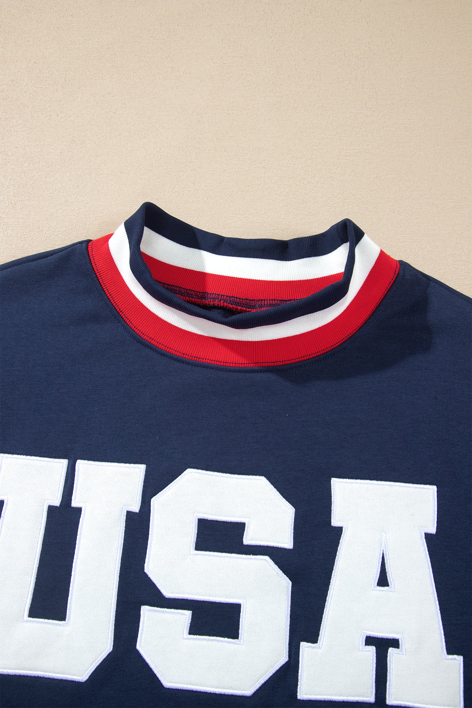 USA Slogan Patch Embroidery Colorblock High Neck Long Sleeve Sweatshirt – Dirty Blue