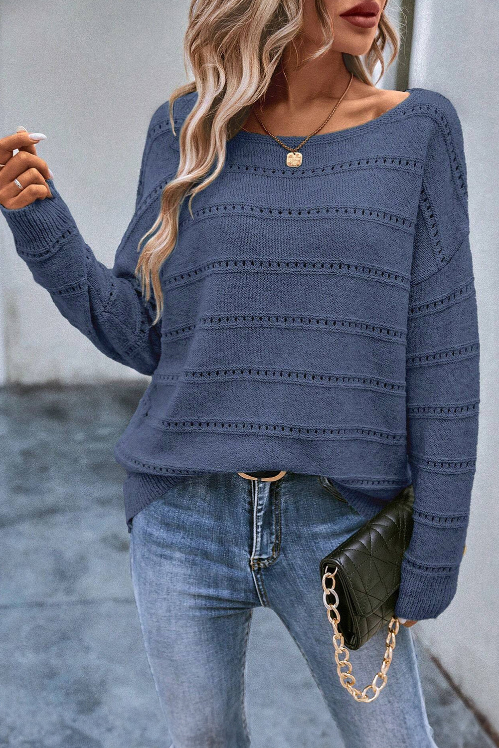 Pale Khaki Boat Neck Drop Shoulder Pointelle Knit Sweater eAura