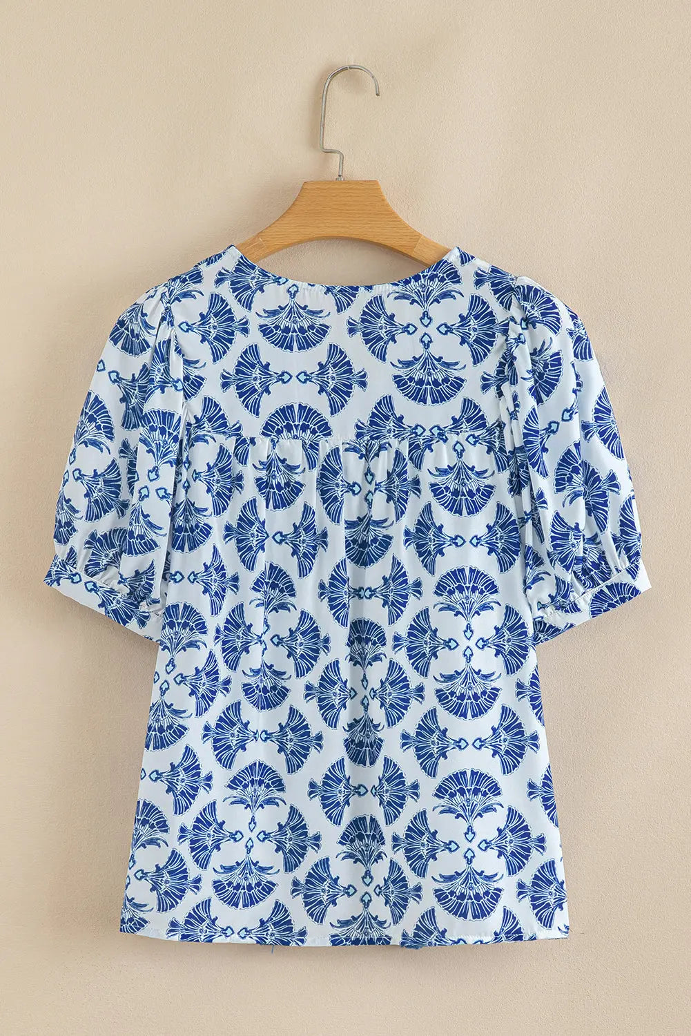 Blue Geometric Print Tassel Drawstring V-Neck Blouse - Tops/Blouses & Shirts