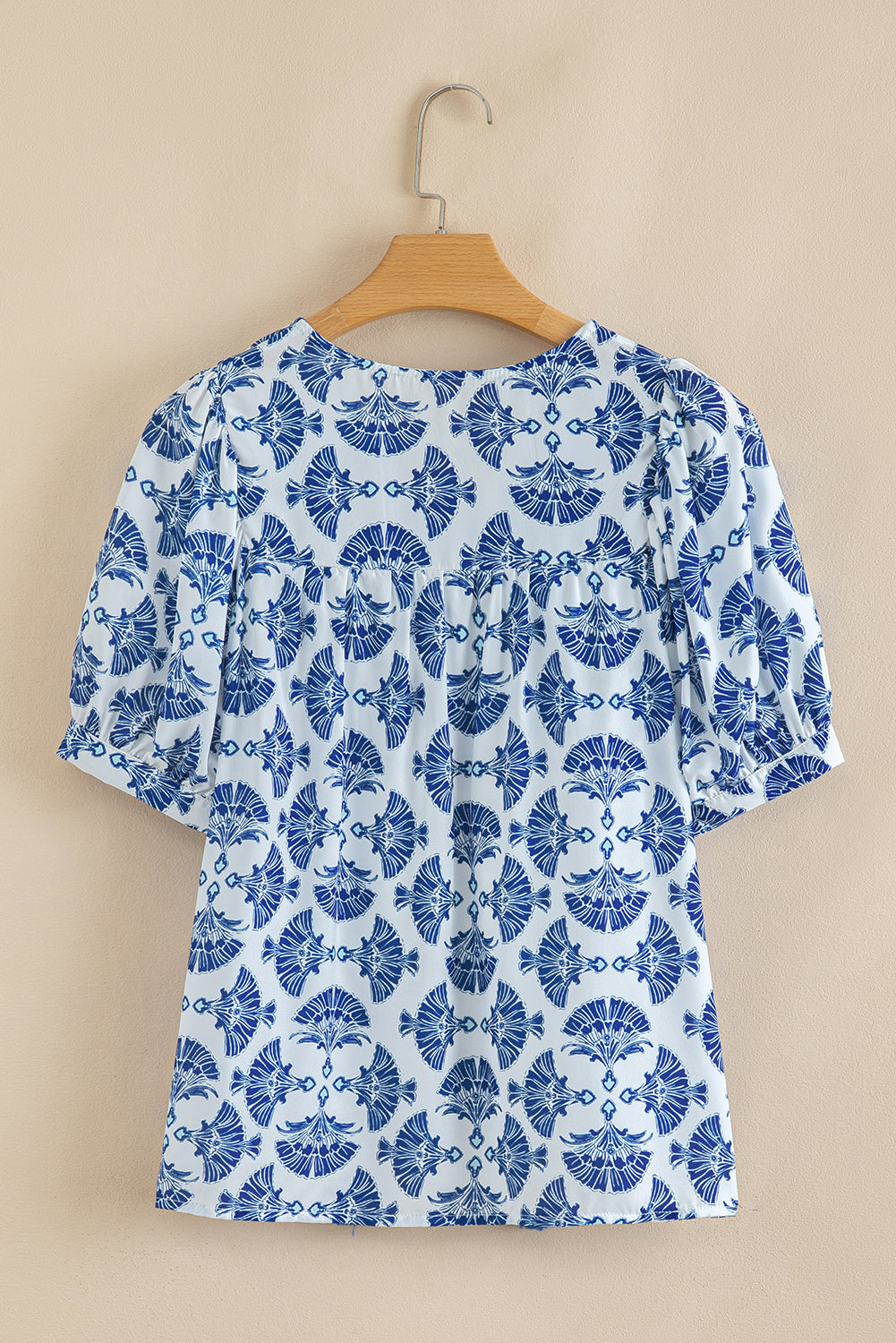 Blue Geometric Print Tassel Drawstring V-Neck Blouse eAura