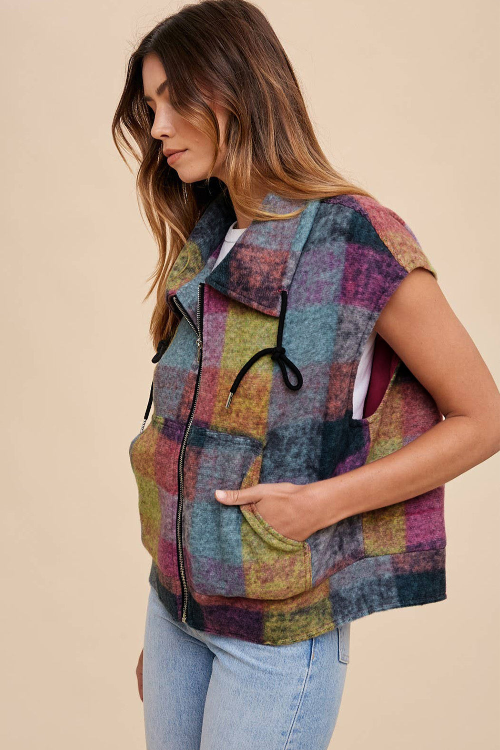 Multicolour Plaid Print Loose Sleeveless Jacket eAura