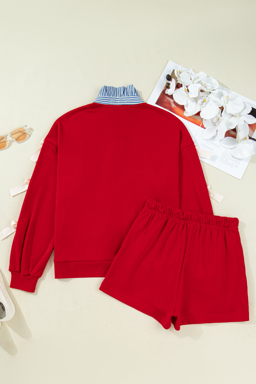 Striped Collar Bow Sweatshirt and Shorts Co-ord Set - eAura