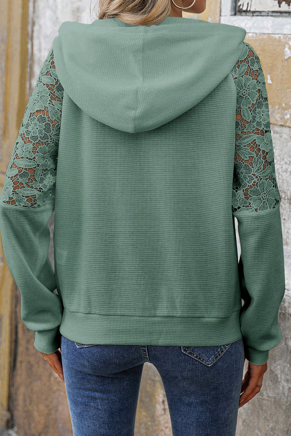 Lace Patchwork Raglan Sleeve Kangaroo Pocket Waffle Hoodie - Tops/Sweatshirts & Hoodies