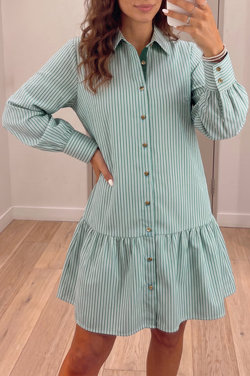 Striped Shift Long Sleeve Dress – Green Stripe