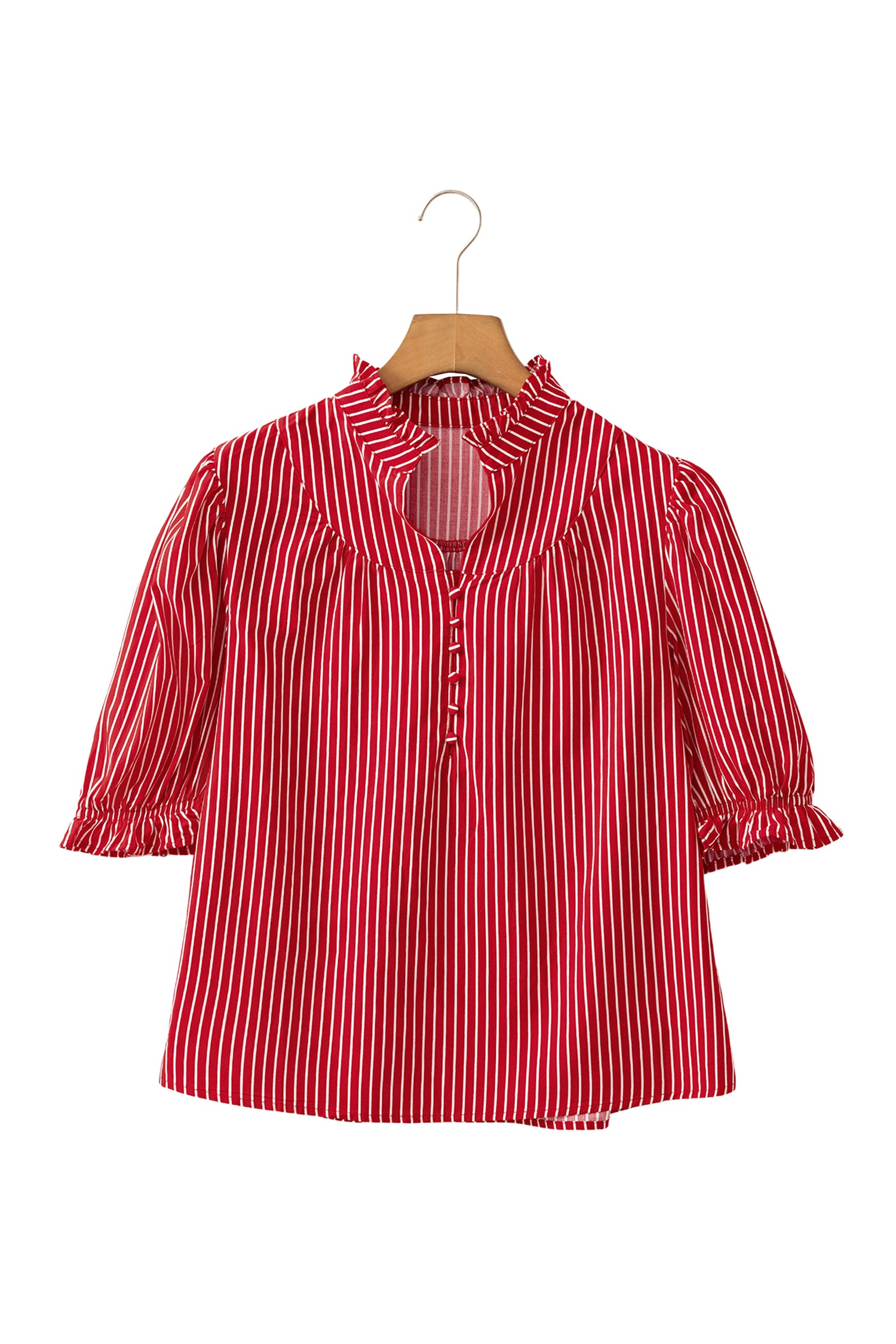 Ruffled Short Puff Sleeve Button Front Blouse – Blue Stripe