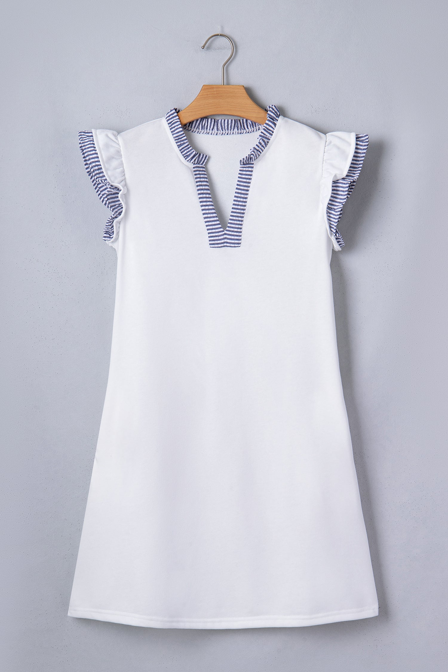 Contrasted Striped Patchwork Split Neck Ruffle Trim Sleeveless Dress – White