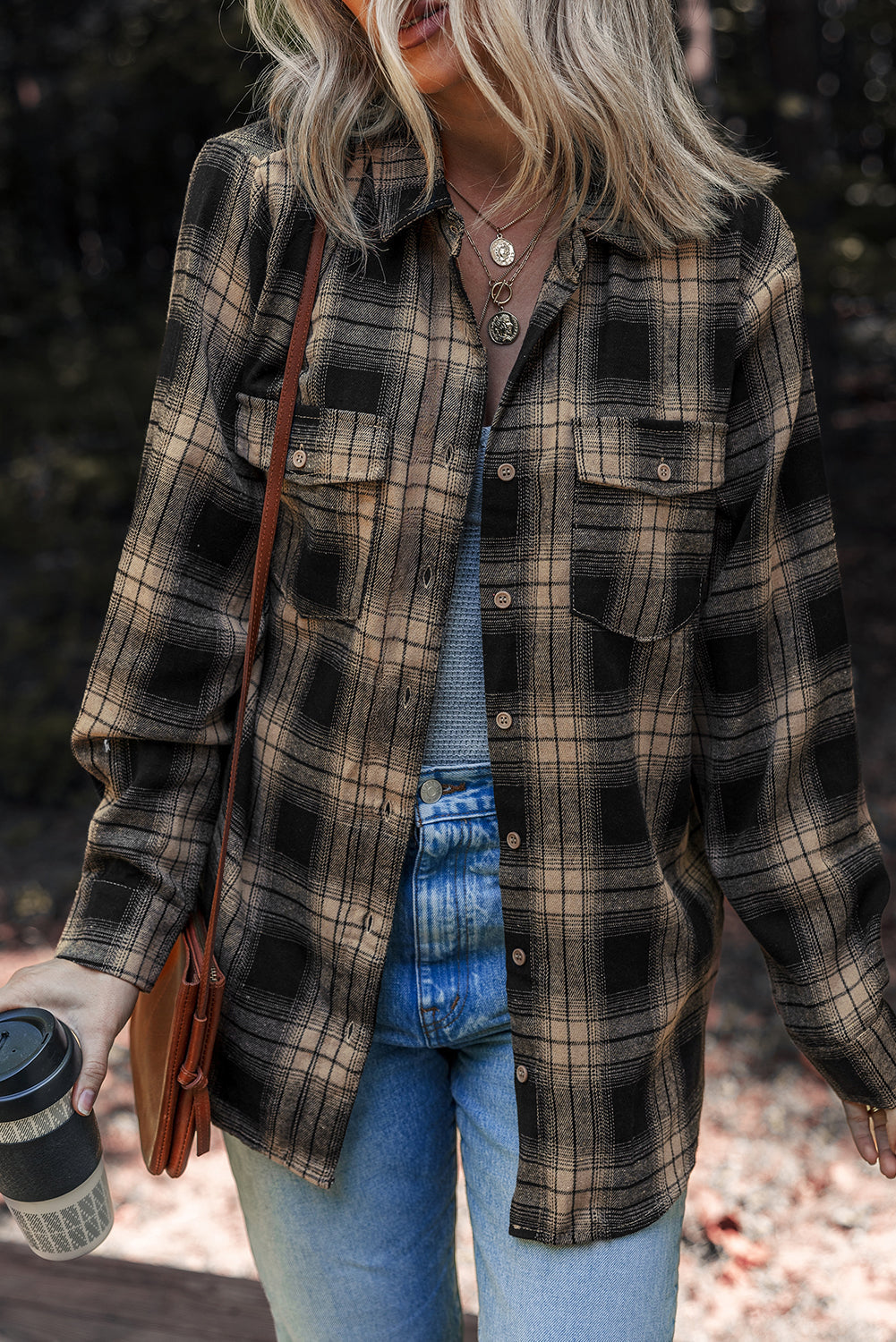 Multicolour Retro Plaid Double Flap Pocket Brushed Shacket eAura