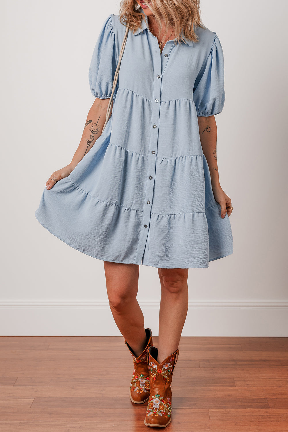Beau Blue Shirt Collar Button Up Short Puff Sleeve Tiered Shift Dress - eAura