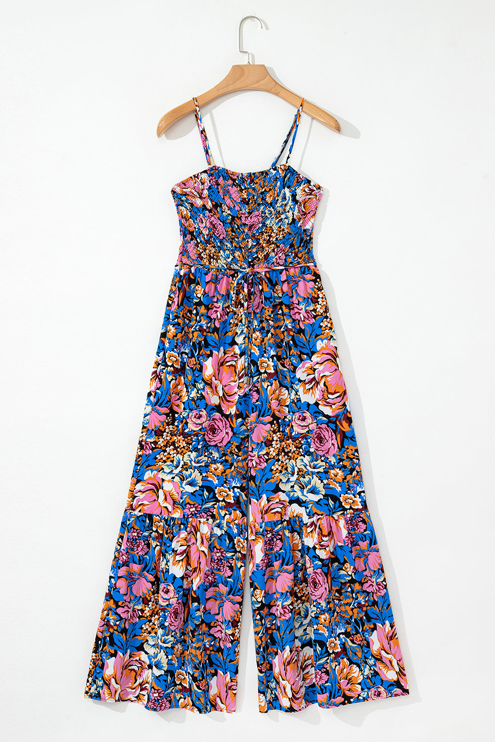 Pink Floral Smocked Bust Spaghetti Straps Wide Leg Jumpsuit eAura