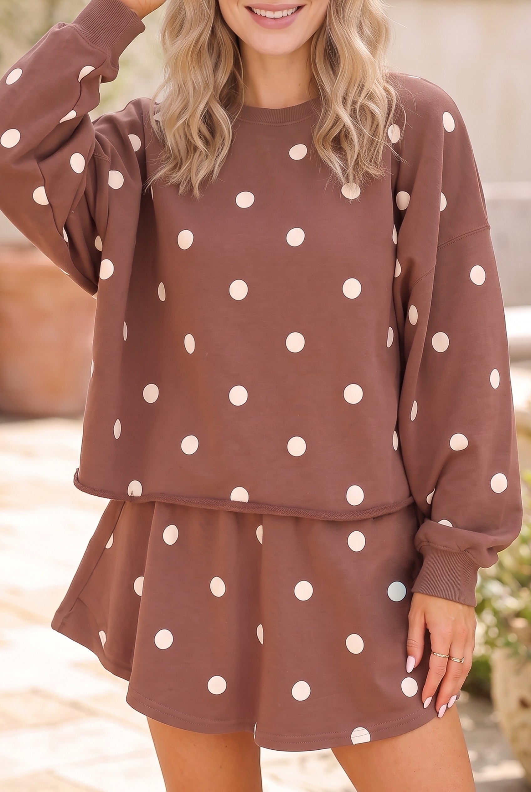Polka Dot Raw Hem Relaxed Pullover Loose Skort Two Piece Set – Brown