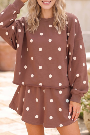 Polka Dot Raw Hem Relaxed Pullover Loose Skort Two Piece Set – Brown